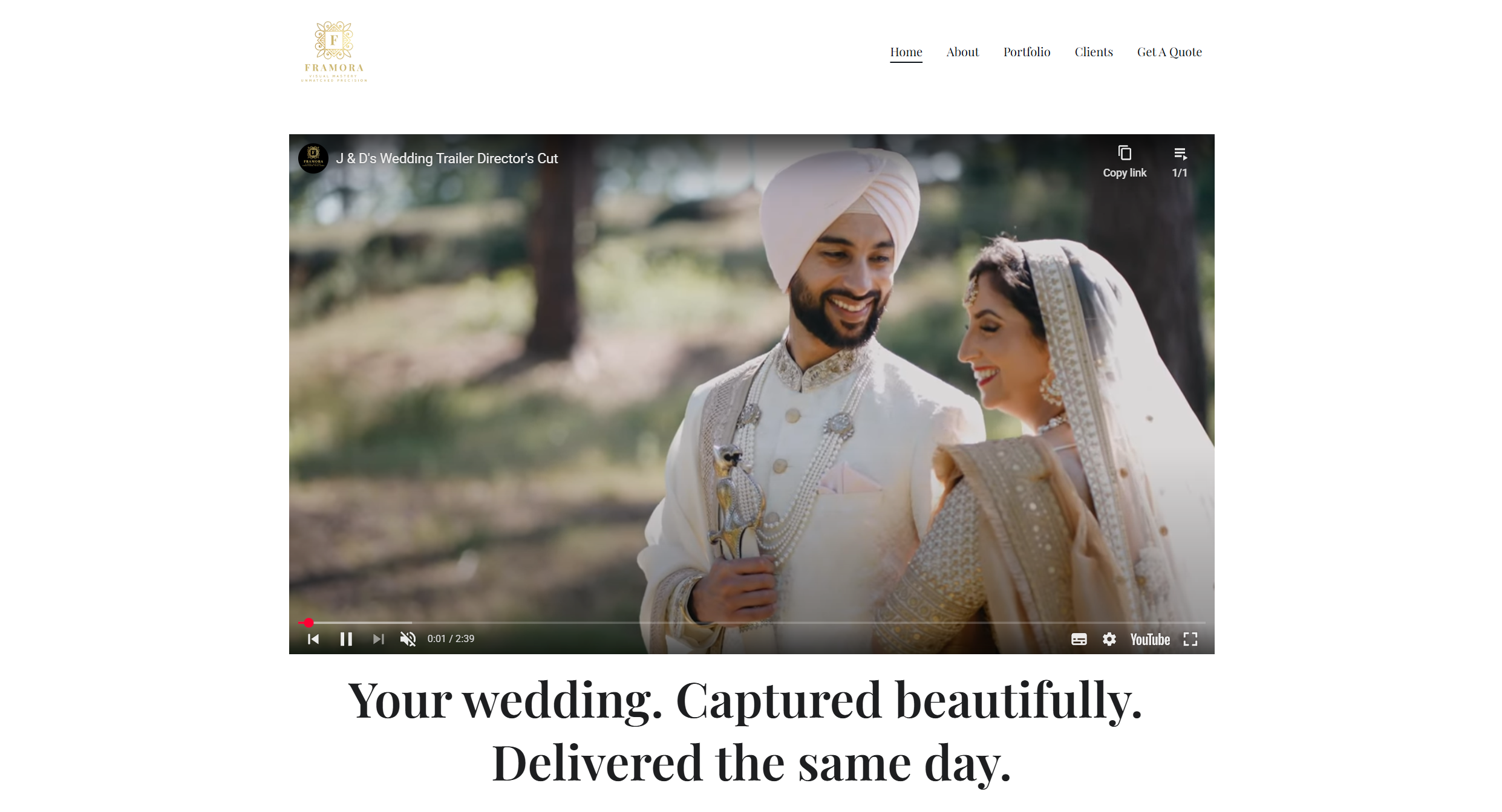 Wedding videography website and booking system created for Framora Wedding, showcasing cinematic portfolios and custom quote tools