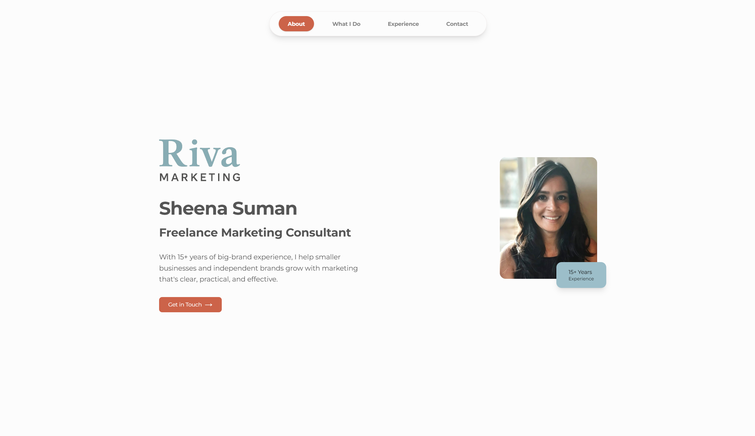 Minimalist freelance marketing consultant website for Riva Marketing, showcasing personal brand, experience, and creative digital strategy